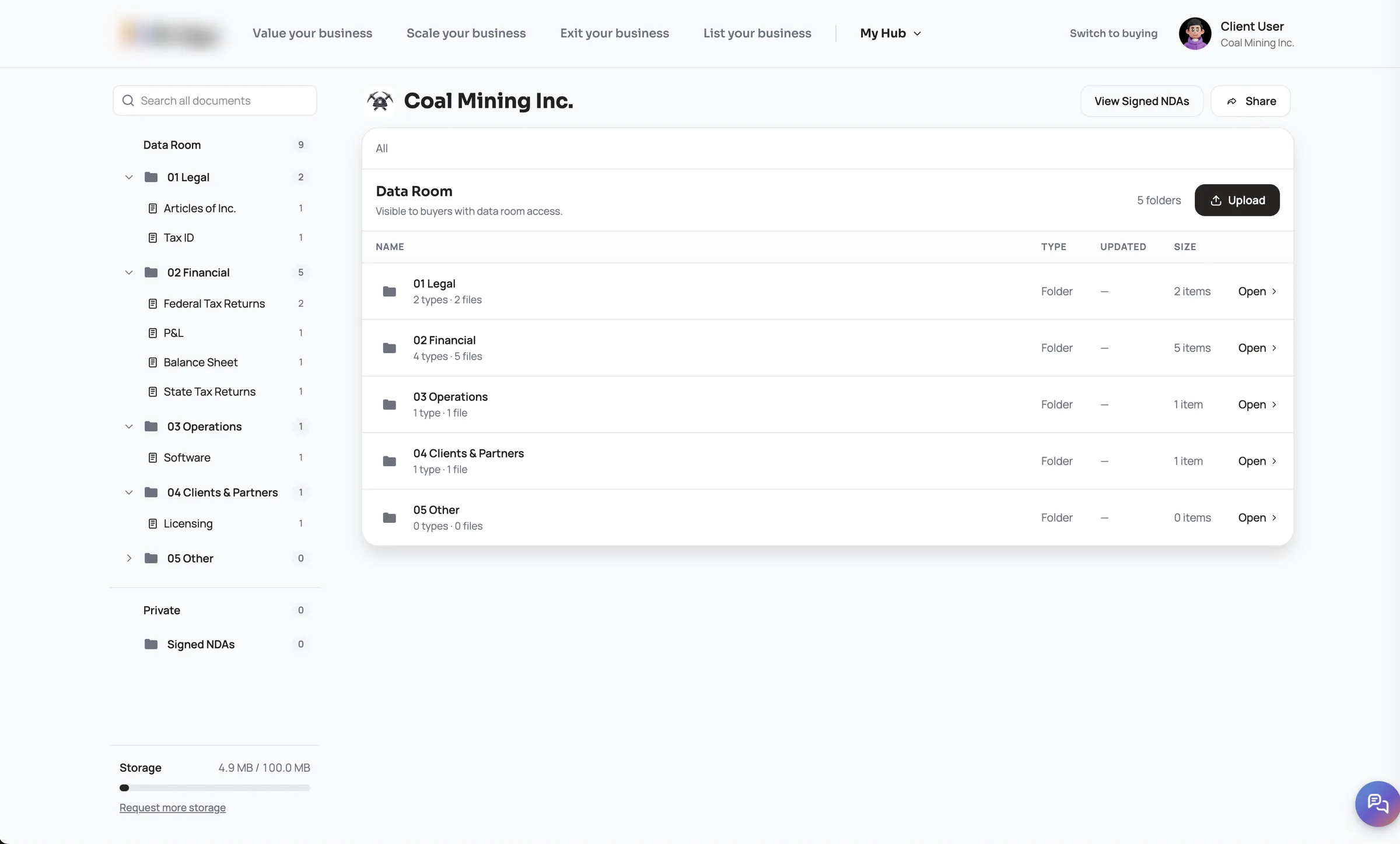 Data room with the seller's documents sorted into folders that buyers get access to