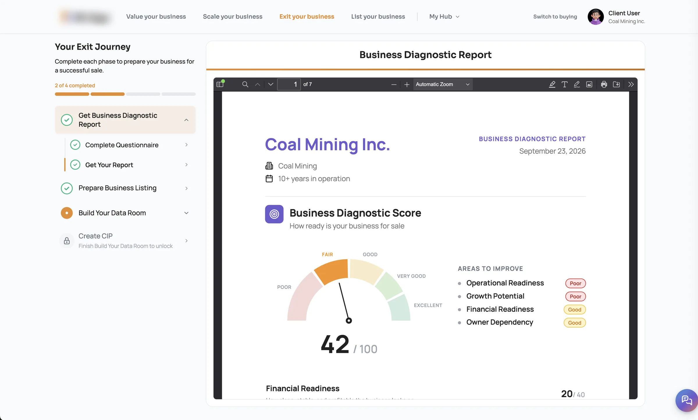 Exit journey checklist beside a business diagnostic report scoring how ready the business is to sell