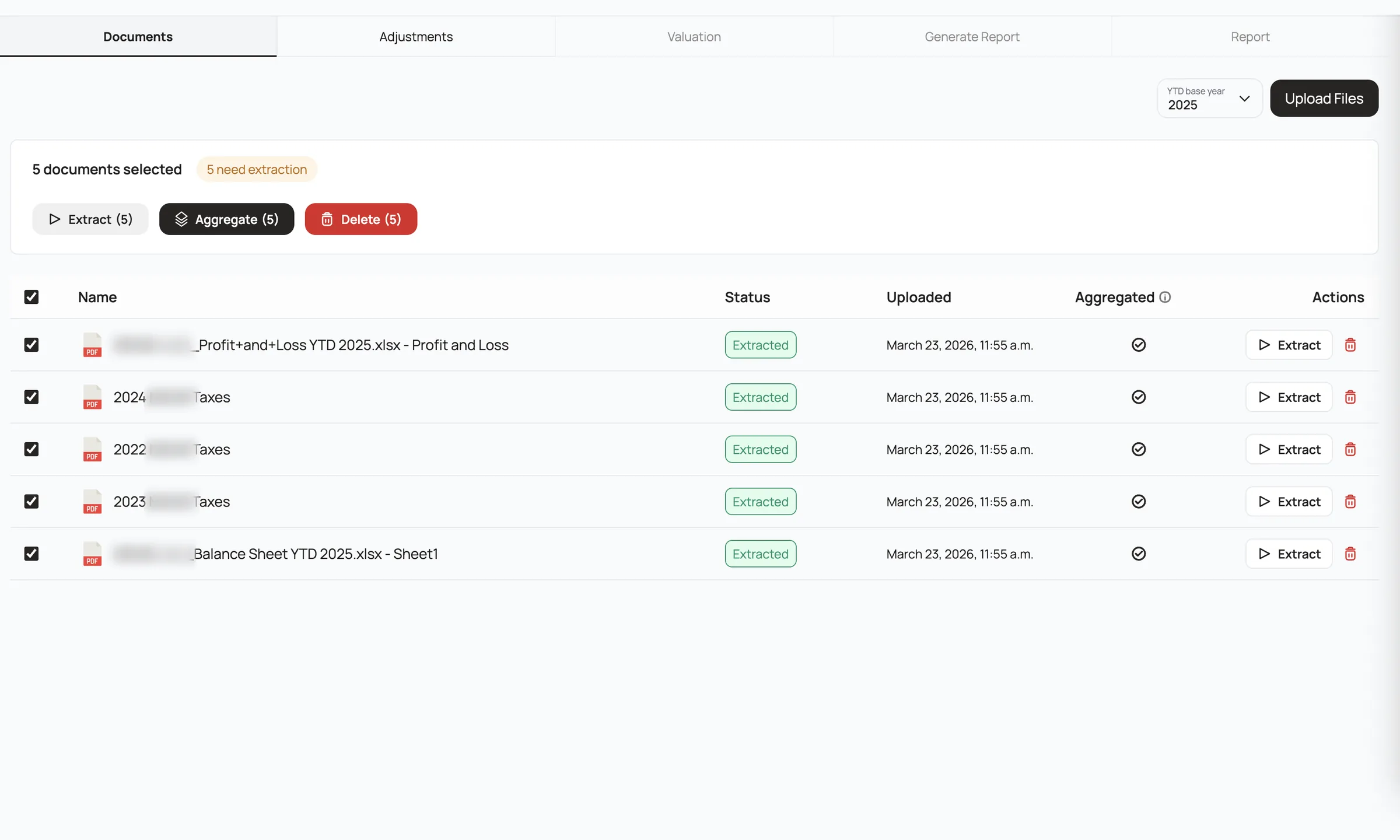 Uploaded statements and tax returns, each marked with whether it has been read yet