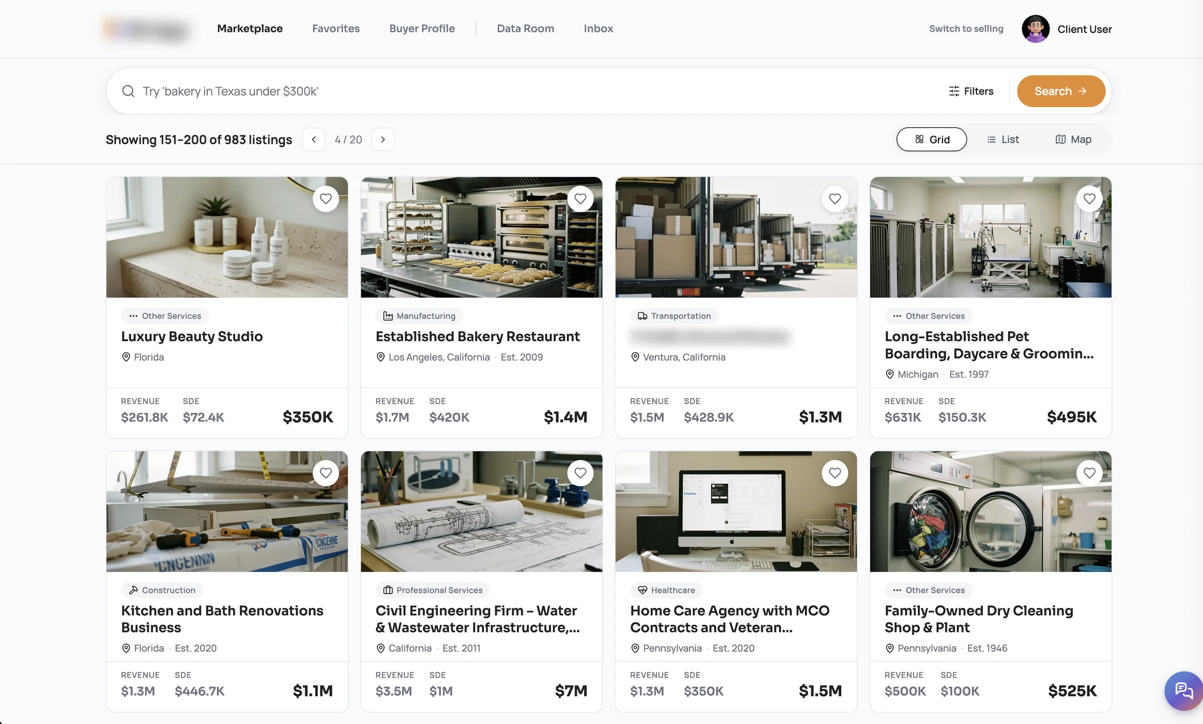 Marketplace grid of businesses for sale, each card showing revenue, earnings and asking price