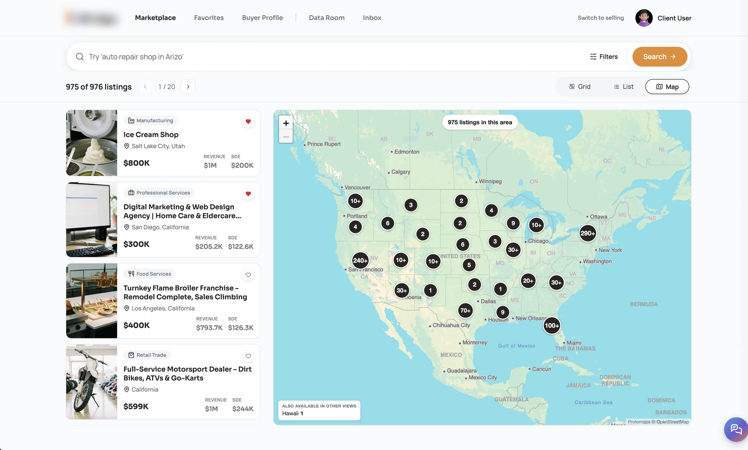 Marketplace map view with listings clustered by area beside a scrollable result list