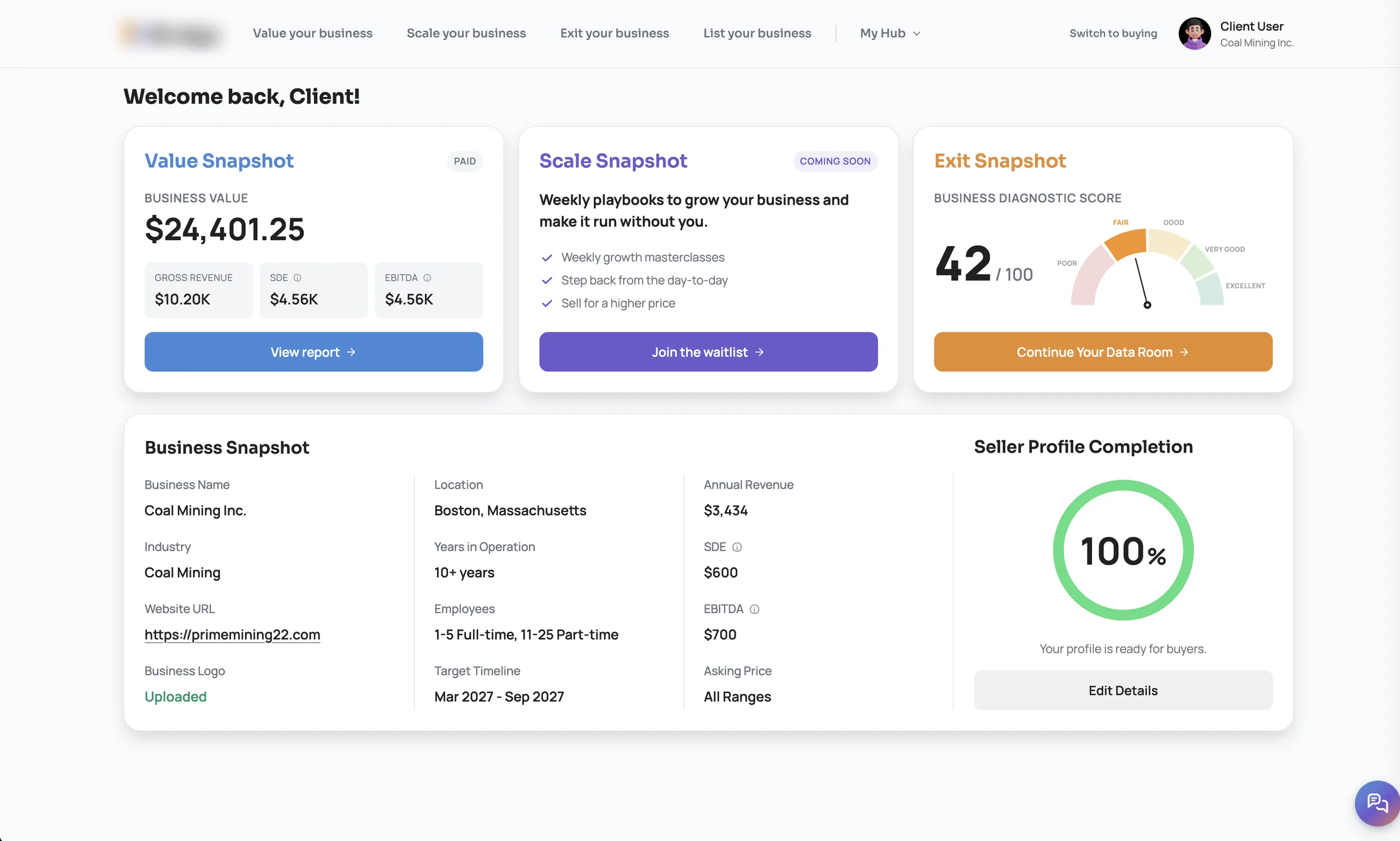 Seller dashboard with the business value, an exit readiness score and a business snapshot