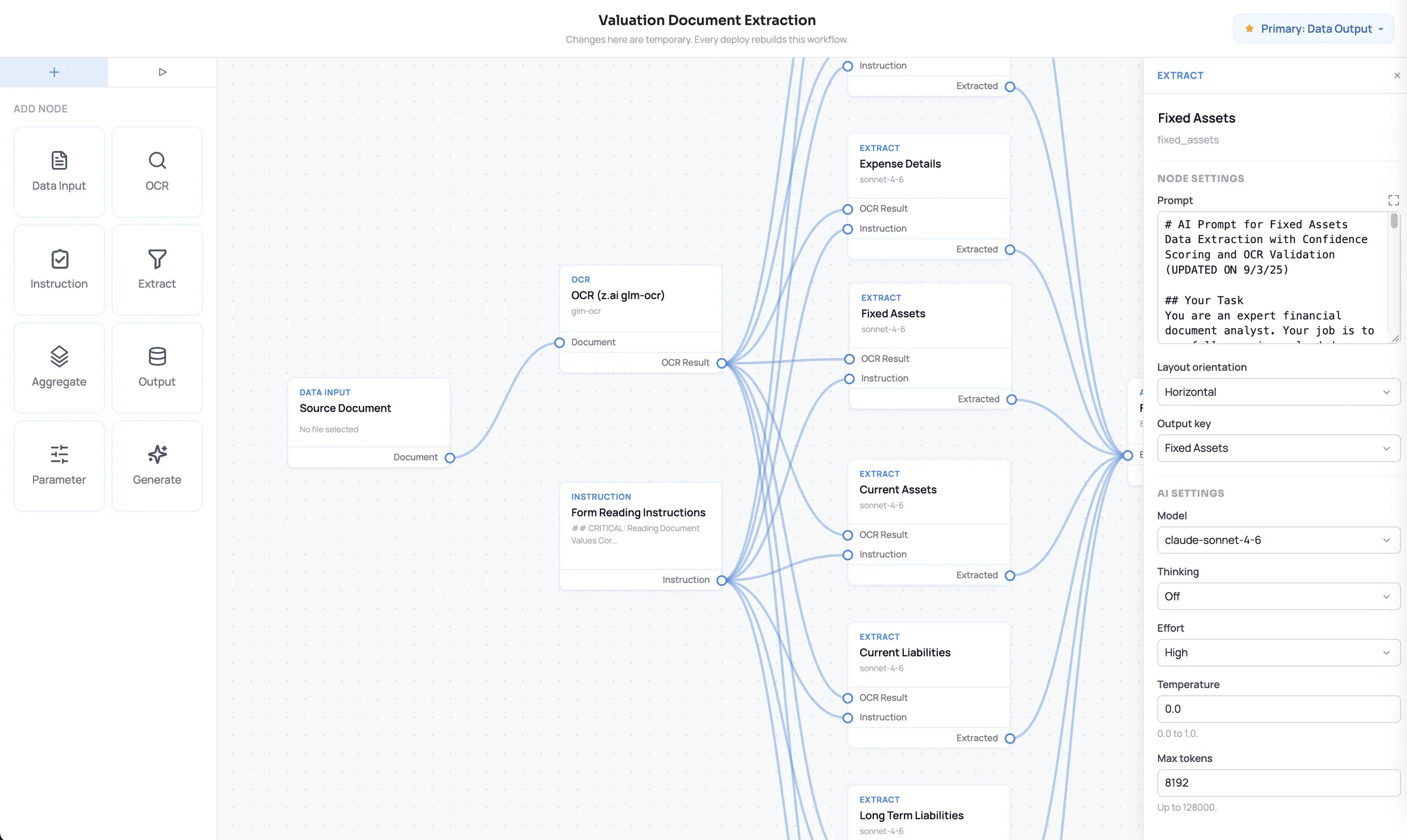 Workflow builder canvas wiring a document through OCR into the fields pulled out of it